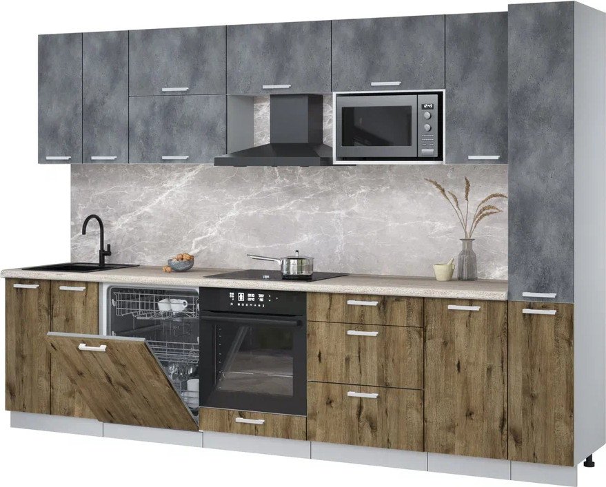 

Готовая кухня Интерлиния Мила Лайт 3.1-ПМ2 (бетон портленд/дуб веллингтон/травертин серый)