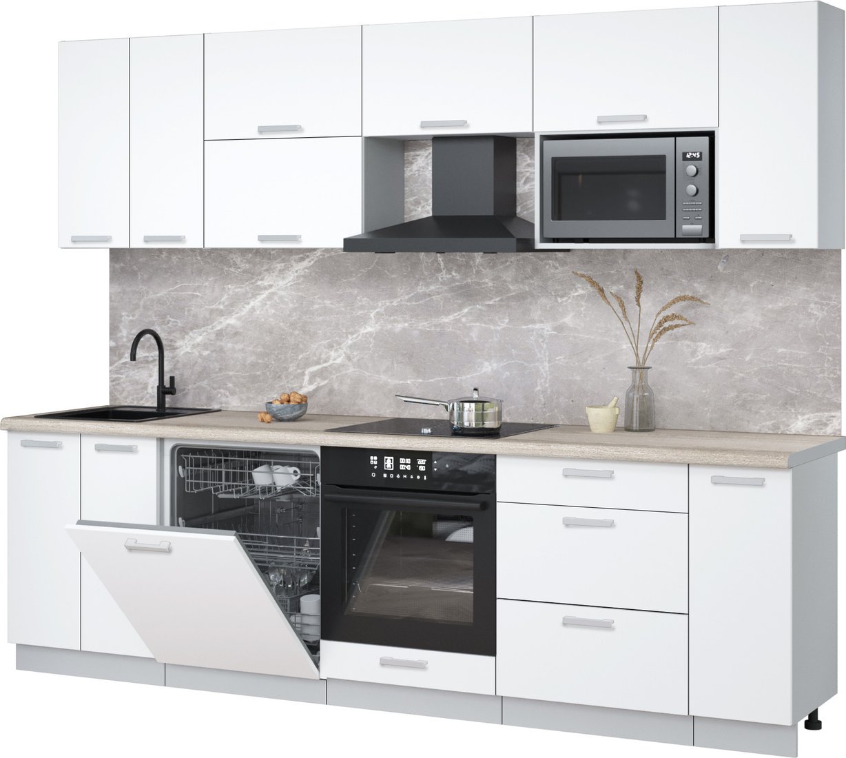 

Готовая кухня Интерлиния Мила Лайт 2.7-ПМ2 (белый платинум/белый платинум/травертин серый)