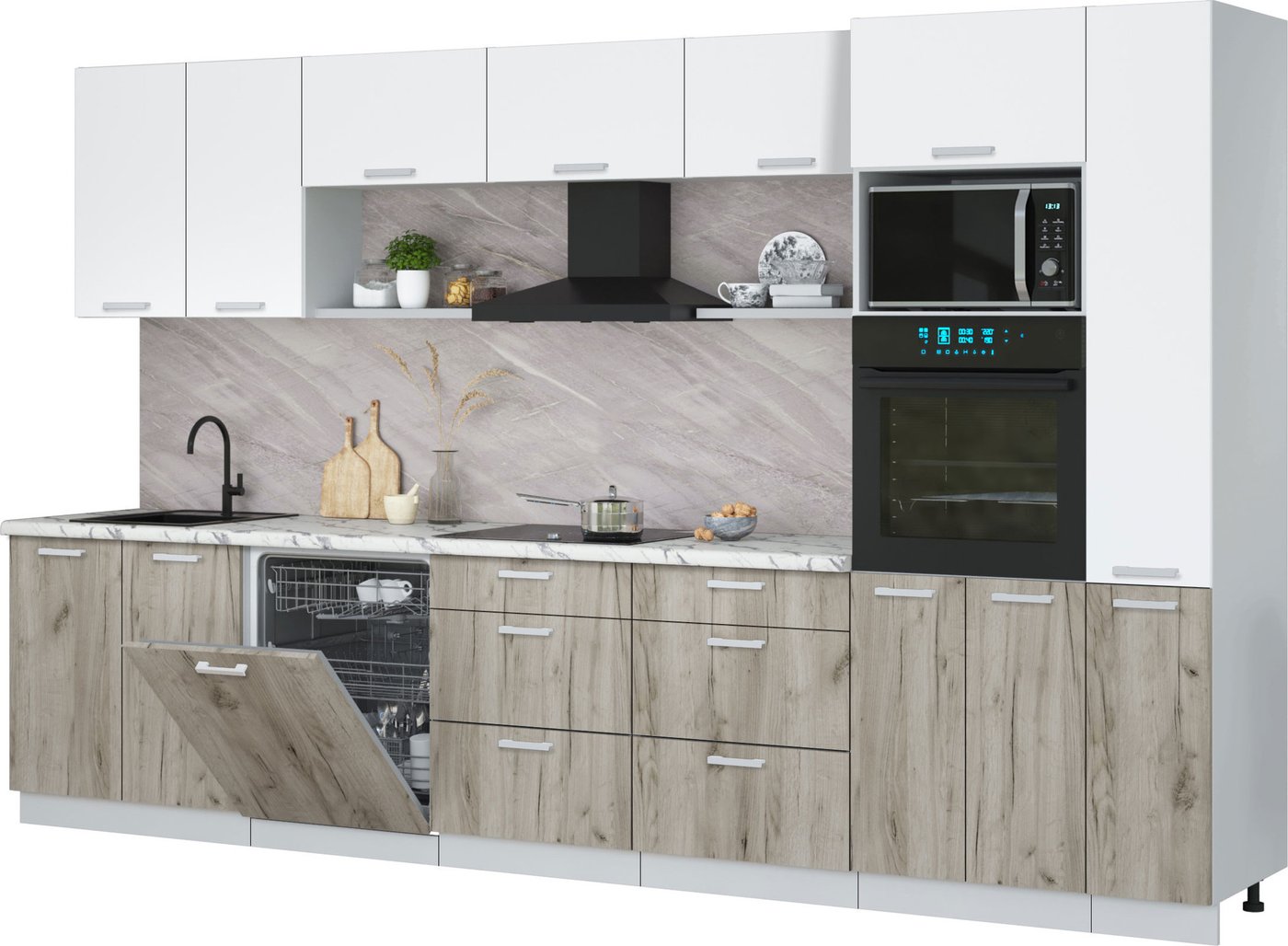 

Готовая кухня Интерлиния Мила Лайт 3.5-ПМ1 (белый платинум/дуб серый/белый гранит)