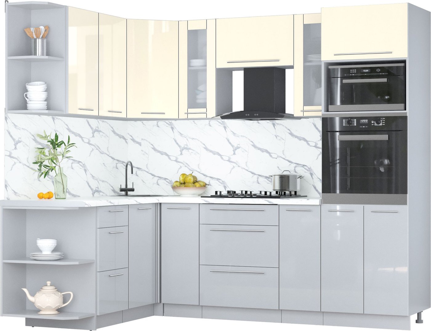 

Готовая кухня Интерлиния Мила Пластик 1.68x2.4 LV (ваниль глянец/туманный глянец/белый гранит)