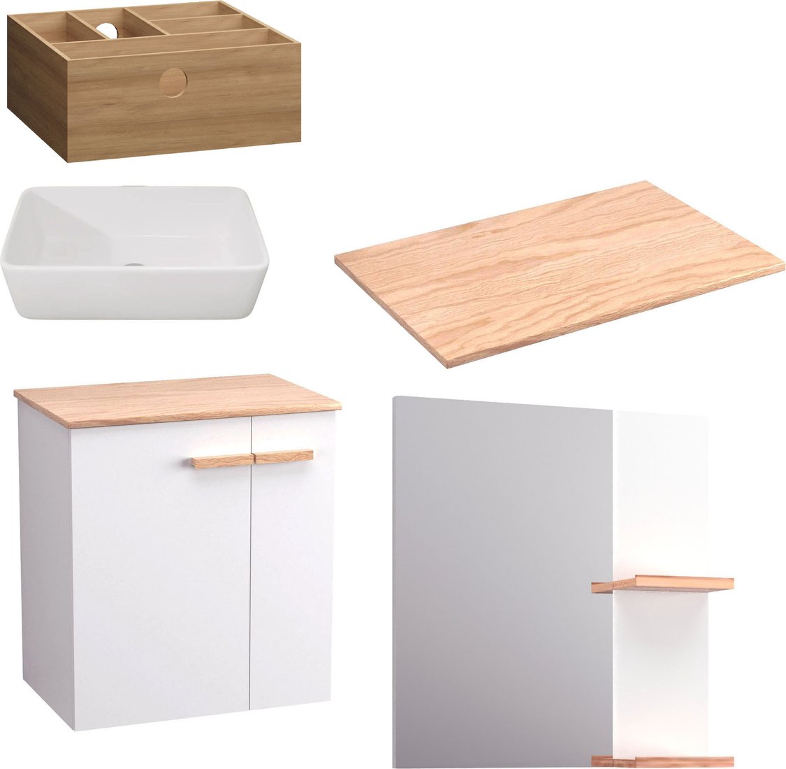 

Lauter Комплект мебели для ванной Adri тумба, столешница, раковина 21674A (органайзер 32 см, зеркало, 59 см, белый глянец)