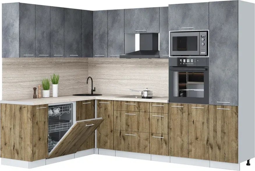 

Готовая кухня Интерлиния Мила Лайт 1.896х2.78 (бетон портленд/дуб веллингтон/травертин серый)