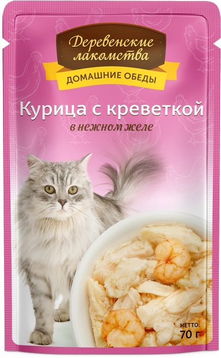 

Консервированный корм для кошек Деревенские лакомства Курица с креветкой в желе 70 г