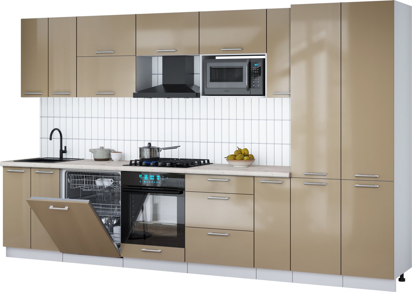 

Готовая кухня Интерлиния Мила Gloss 3.5-ПМ2 (капучино глянец/капучино глянец/бискайская сосна)