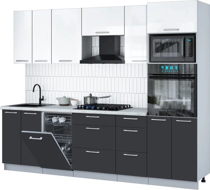 

Готовая кухня Интерлиния Мила Gloss 2.65-ПМ3 (пепел/белый глянец/серый каспий)