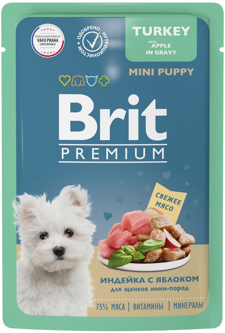 

Консервированный корм для собак Brit Premium для щенков мини пород индейка с яблоком в соусе 85 г