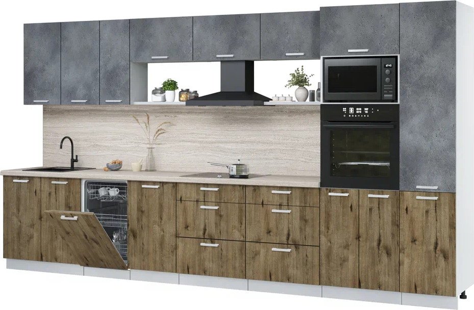 

Готовая кухня Интерлиния Мила Лайт 3.9-ПМ3 (бетон портленд/дуб веллингтон/травертин серый)