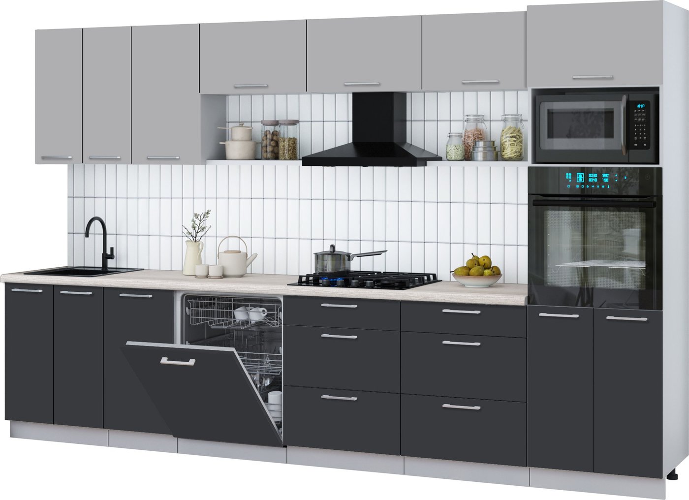 

Готовая кухня Интерлиния Мила Gloss 3.4-ПМ1-2 (пепел/грей/травертин серый)