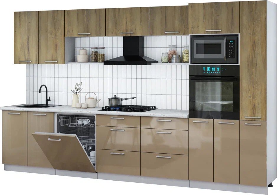 

Готовая кухня Интерлиния Мила Gloss 3.5-ПМ1 (капучино глянец/дуб вотан/серый каспий)