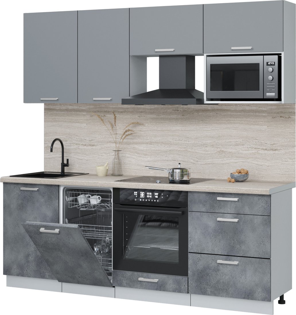 

Готовая кухня Интерлиния Мила Лайт 2.15-ПМ4 ( серебро/бетон портленд/травертин серый)