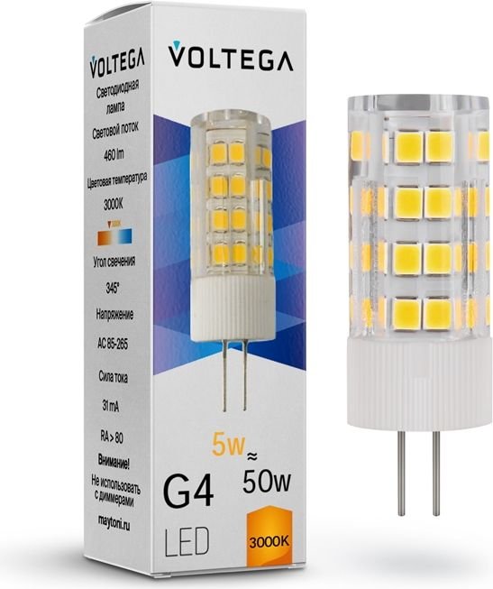 

Светодиодная лампочка Voltega Simple Capsule 5W 3000K G4 7183