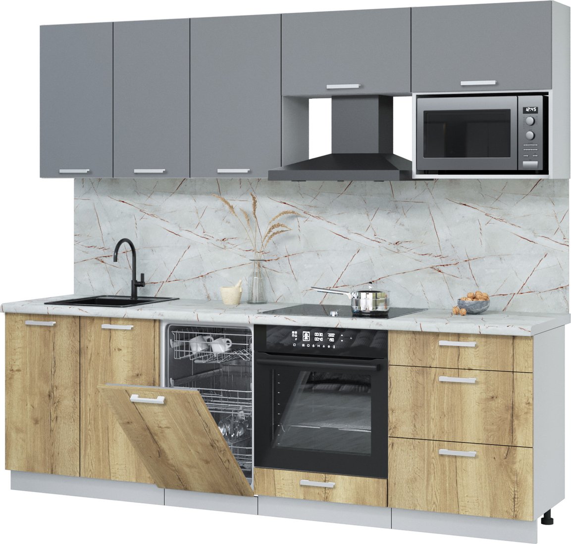 

Готовая кухня Интерлиния Мила Лайт 2.45-ПМ4 (серебро/дуб золотой/серый каспий)