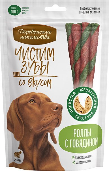 

Лакомство для собак Деревенские лакомства Чистим зубы со вкусом. Роллы с говядиной 100 г