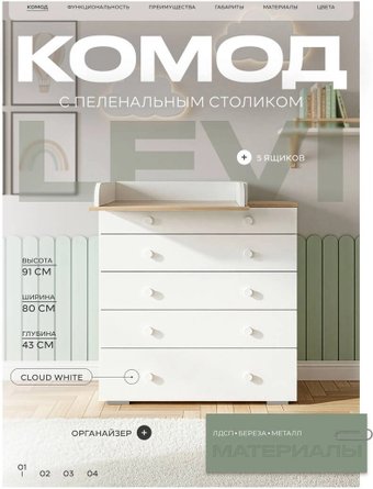 Детский комод Rant Levi 80/5 128 (белый)