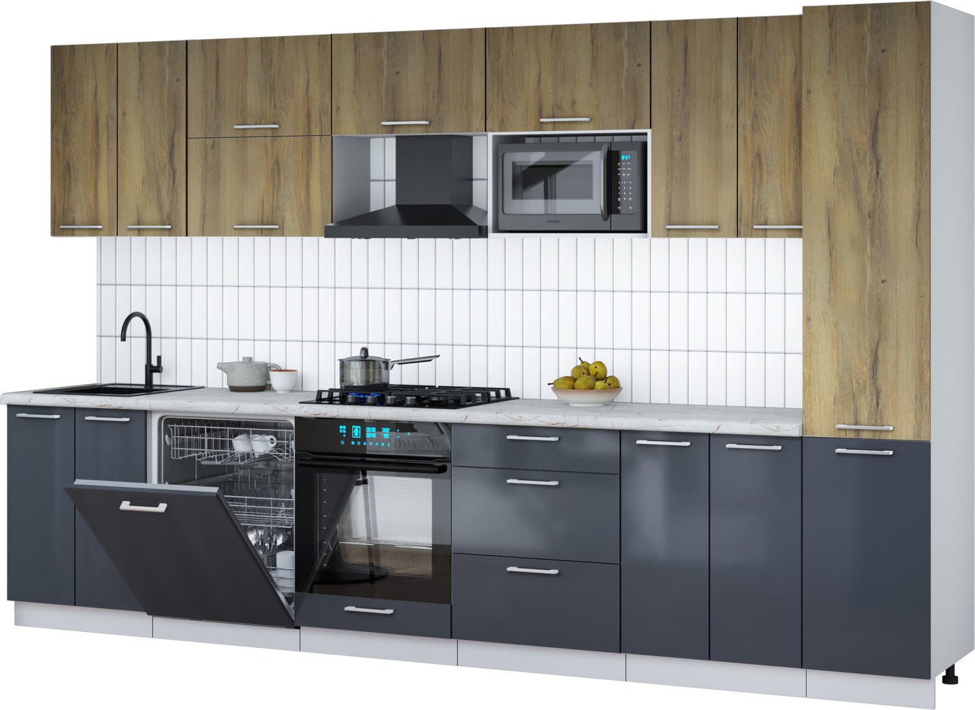 

Готовая кухня Интерлиния Мила Gloss 3.4-ПМ2 (асфальт глянец/дуб вотан/серый каспий)