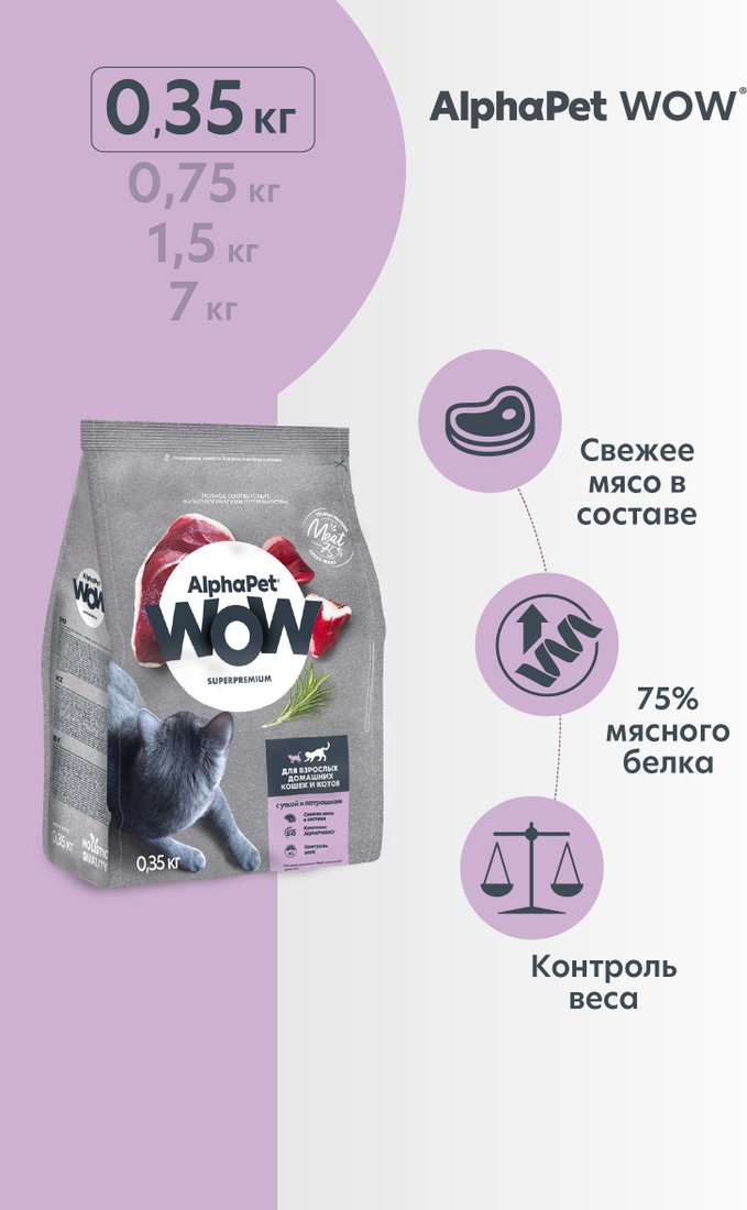 

Сухой корм для кошек AlphaPet WOW Superpremium Cat Indoor Утка с потрошками 350 г