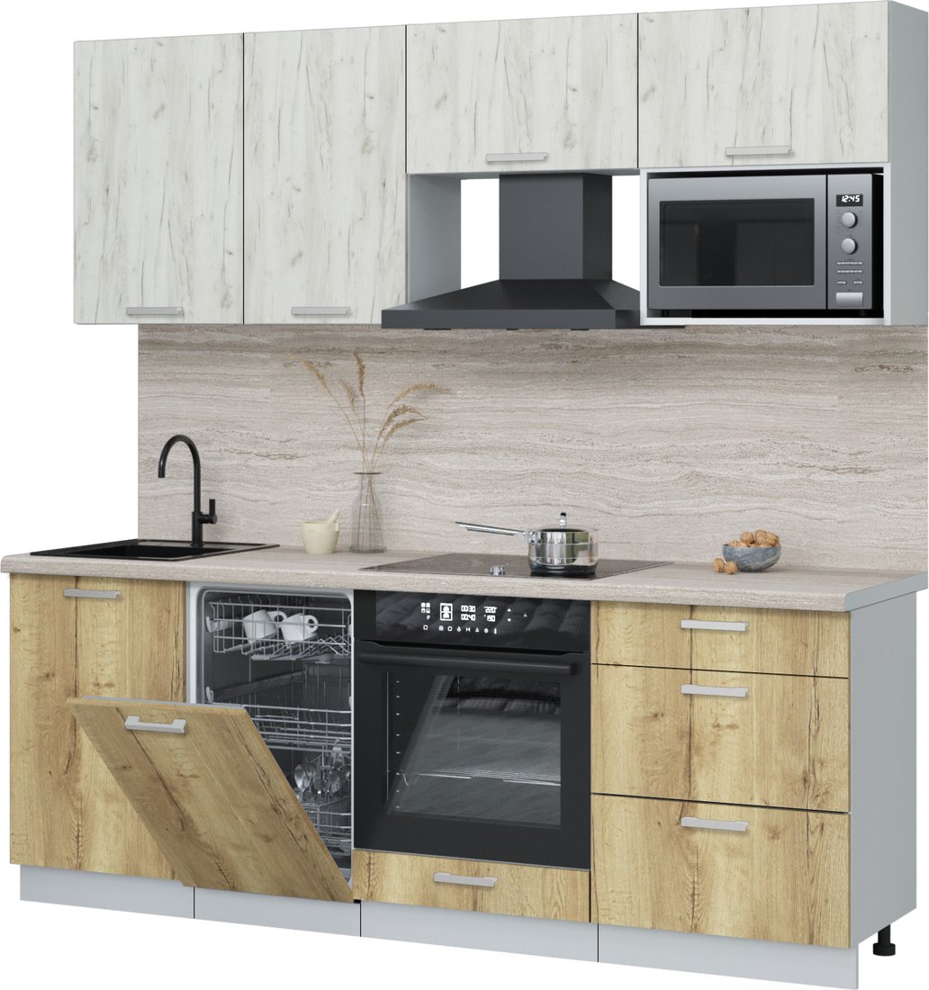 

Готовая кухня Интерлиния Мила Лайт 2.15-ПМ4 (дуб белый/дуб золотой/травертин серый)