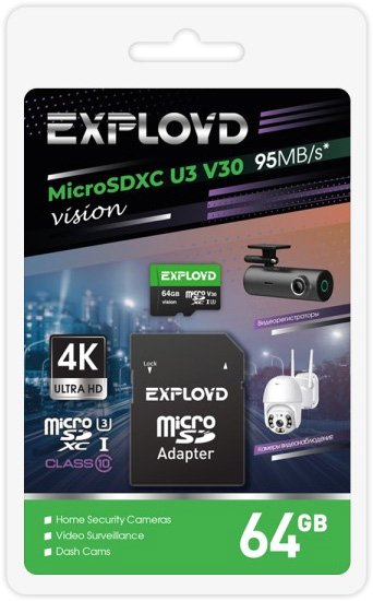 

Карта памяти Exployd Vision microSDXC 64GB EX64GCSDXC10-U3-V30 (с адаптером)