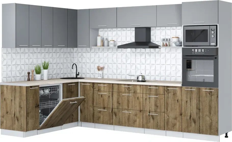 

Готовая кухня Интерлиния Мила Лайт 1.896х3.18 (серебро/дуб веллингтон/травертин серый)