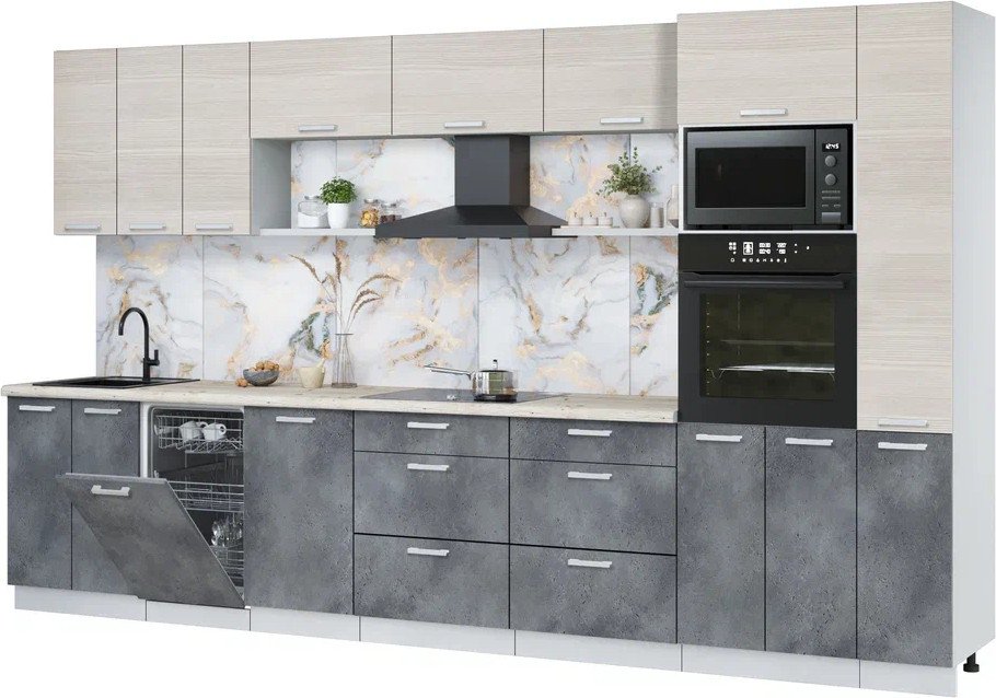 

Готовая кухня Интерлиния Мила Лайт 3.6-ПМ3 (вудлайн кремовый/бетон портленд/бискайская сосна)