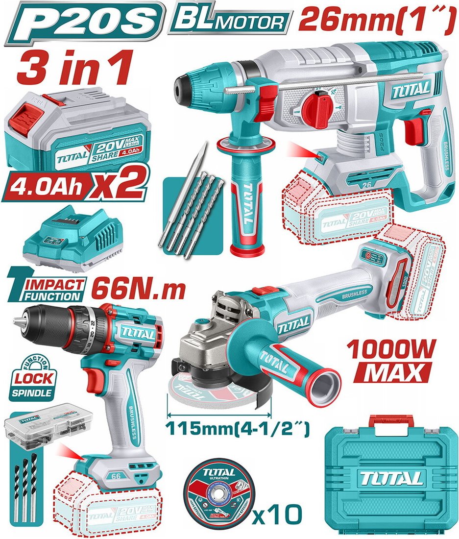 

Total TOSLI241198 (шуруповерт, болгарка, перфоратор, 1 АКБ)