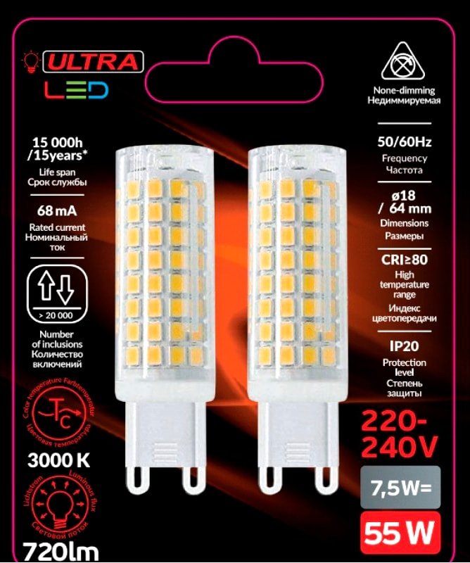 

Светодиодная лампочка Ultra LED G9 7.5 Вт 3000 К (2 шт)