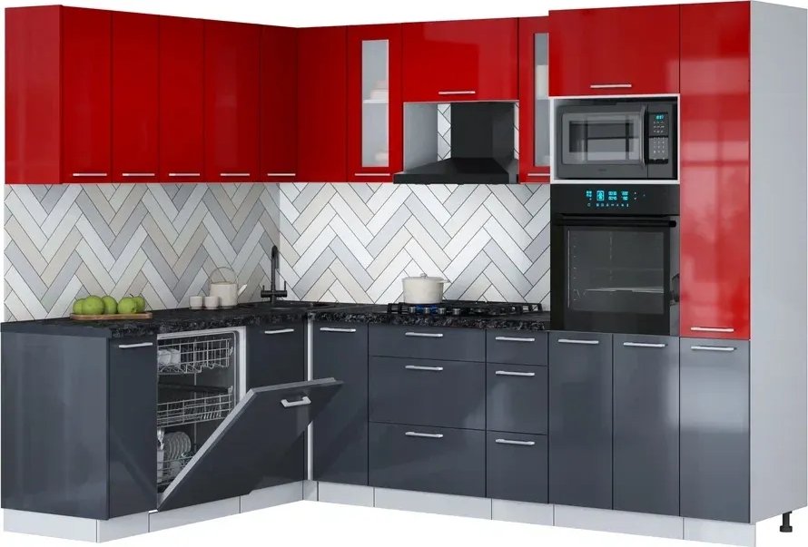 

Готовая кухня Интерлиния Мила Gloss 1.896х2.68 (асфальт глянец/красный глянец/кастилло темный)