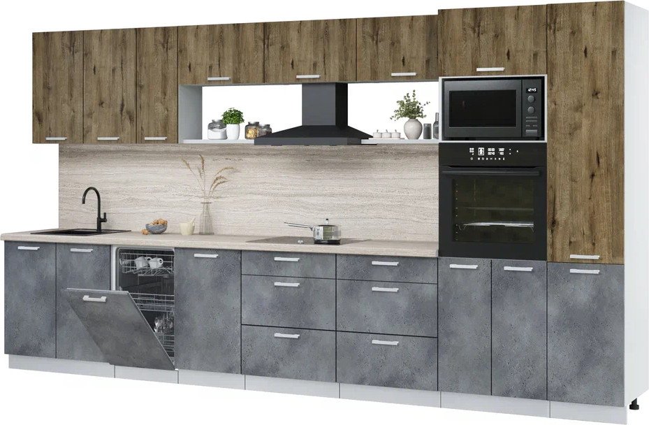 

Готовая кухня Интерлиния Мила Лайт 3.9-ПМ3 (дуб веллингтон/бетон портленд/травертин серый)