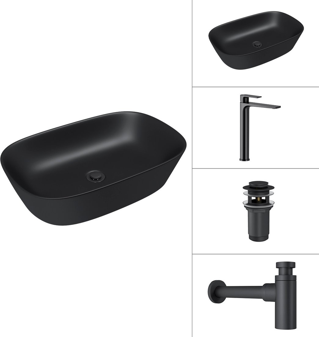 Умывальник Lauter 21393-60-A + Reef 21CK8678BS + сифон 21635B + донный кл. 21190B (черный матовый)