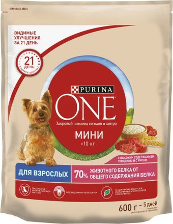 Сухой корм для собак Purina ONE Мини для мелких пород с говядиной и рисом 600 г