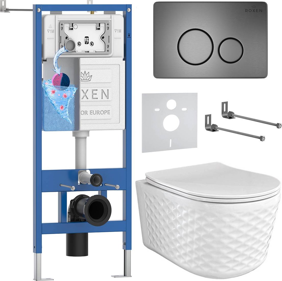 

Унитаз подвесной Roxen Vine Tornado в комплекте с инсталляцией StounFix Dual Fresh 6 в 1 979020 (кнопка: оружейная сталь/металл)