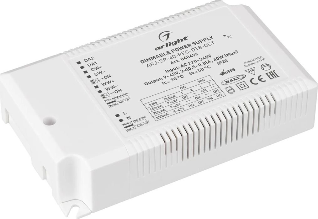 

Блок питания Arlight ARJ-SP-40-PFC-DT8-ССT (40W. 9-42V. 0.5-0.8А) 040498