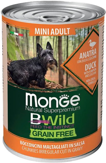 

Консервированный корм для собак Monge BWild Grain Free Mini с уткой, тыквой и кабачками 400г