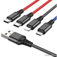 Кабель Hoco X76 Super USB Type-A - microUSB/Lightning/USB Type-Cx2 (1 м, черный/красный/синий)