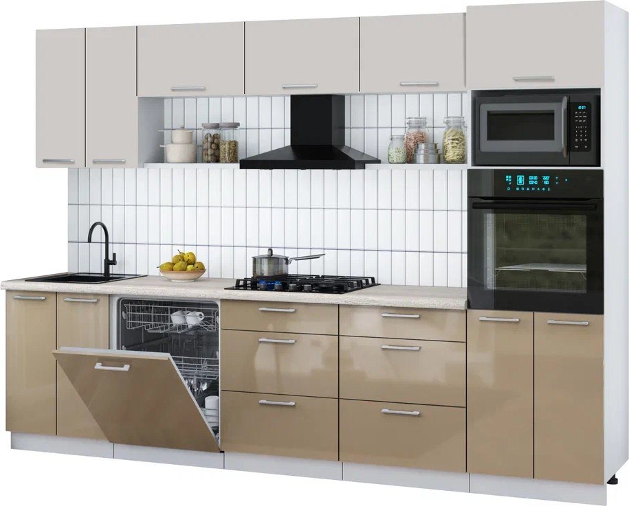 

Готовая кухня Интерлиния Мила Gloss 3.0-ПМ1 (капучино глянец/кашемир/травертин серый)