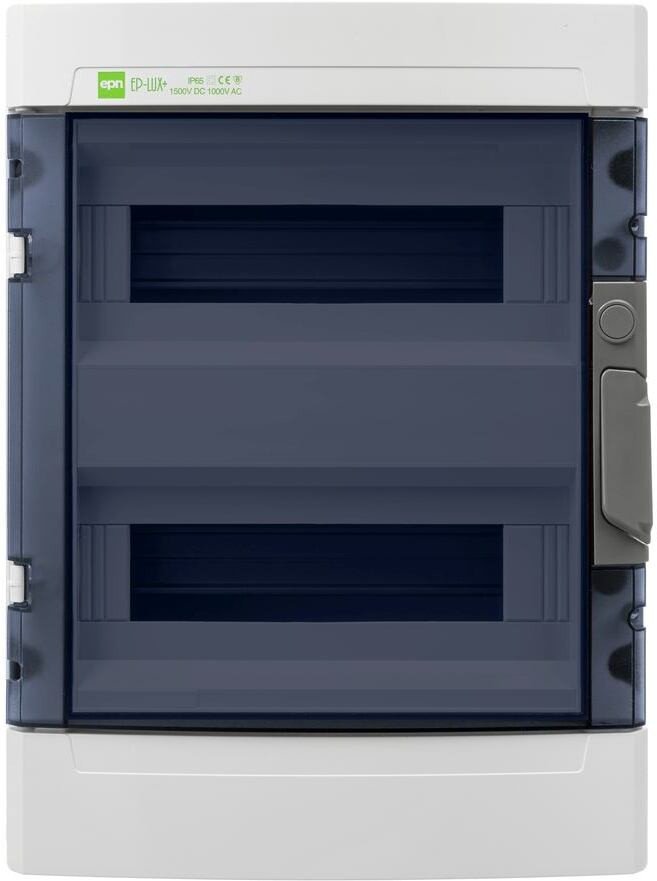 

Бокс пластиковый Elektro-Plast EP-LUX 2x12M, N/PE 3x 6x16+3x10mm2, дымчатая пласт. дверь, светло-серый RAL7035, 408x304x149mm, IP65