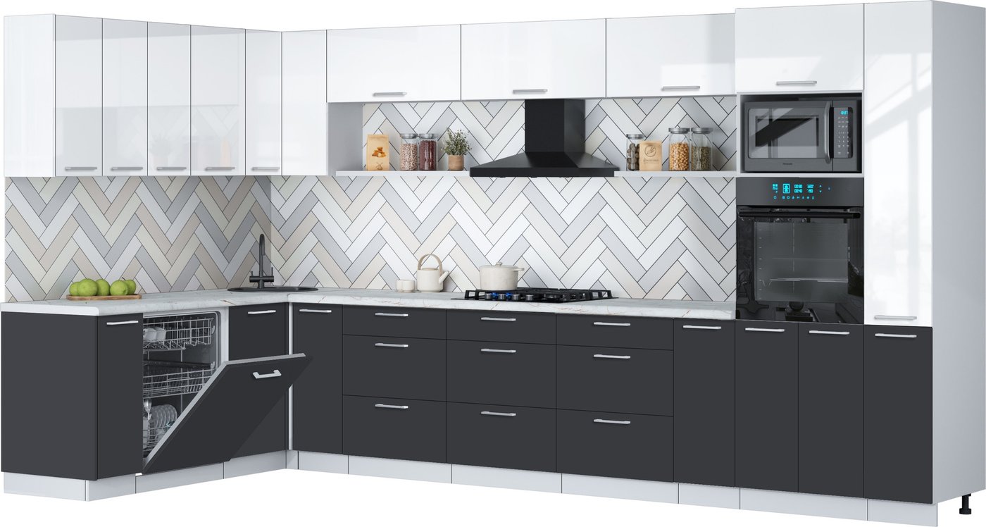 

Готовая кухня Интерлиния Мила Gloss 1.896х3.88 (пепел/белый глянец/серый каспий)