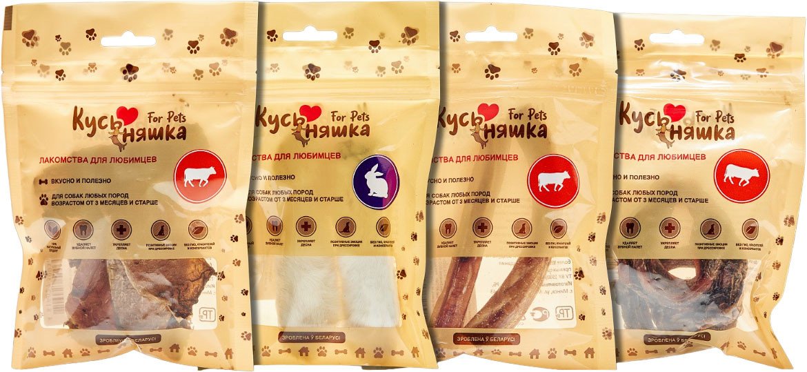 

Лакомство для собак Кусьняшка калтык говяжий, лапки кролика, корень бычий, рубец говяжий неочищенный 4 шт