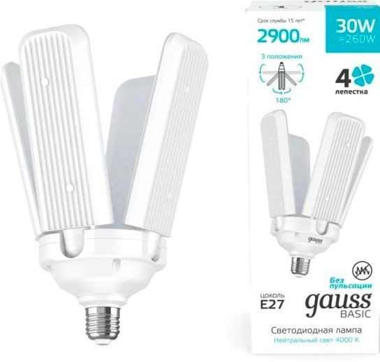

Светодиодная лампочка Gauss Basic 30W 2900lm 4000K E27 Клевер-4 11732232