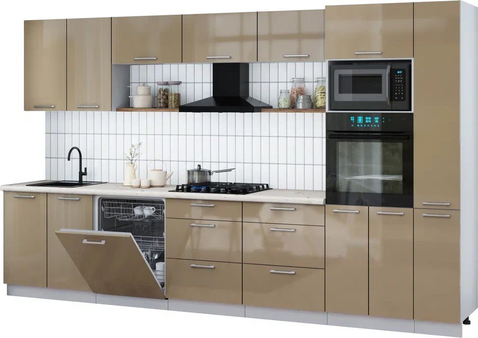 

Готовая кухня Интерлиния Мила Gloss 3.5-ПМ1 (капучино глянец/капучино глянец/бискайская сосна)