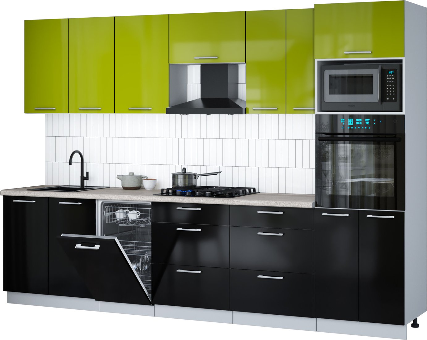 

Готовая кухня Интерлиния Мила Gloss 3.05-ПМ3 (черный глянец/яблоко глянец/травертин серый)