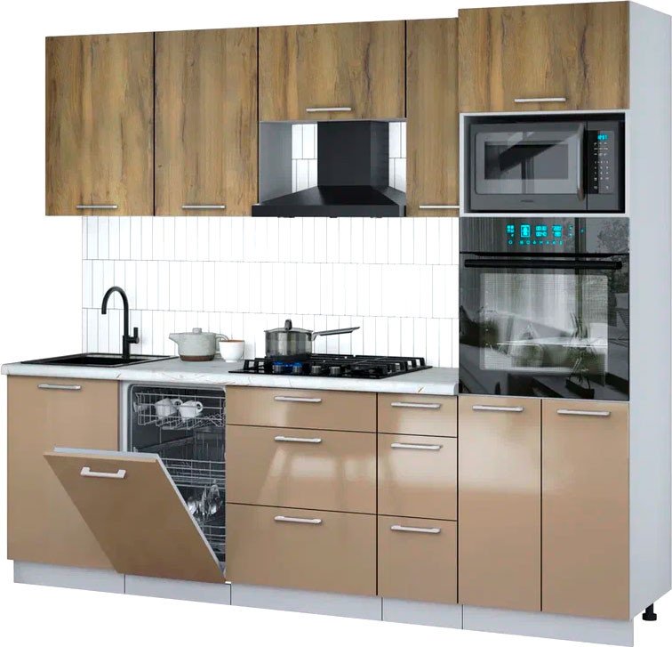 

Готовая кухня Интерлиния Мила Gloss 2.45-ПМ3 (капучино глянец/дуб вотан/серый каспий)