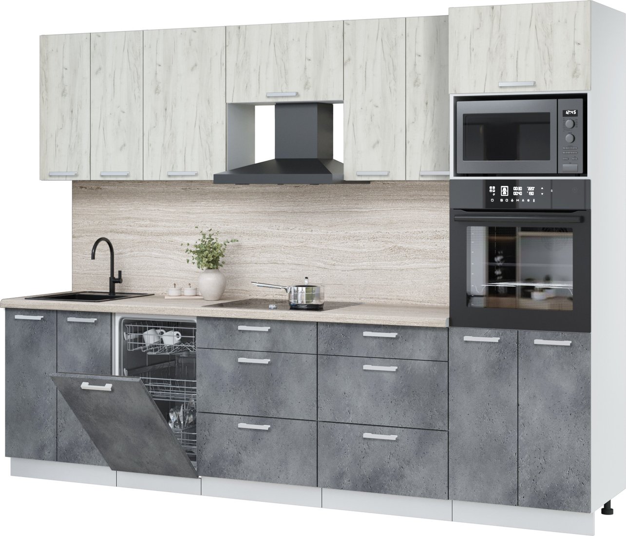 

Готовая кухня Интерлиния Мила Лайт 2.85-ПМ3 (дуб белый/бетон портленд/травертин)