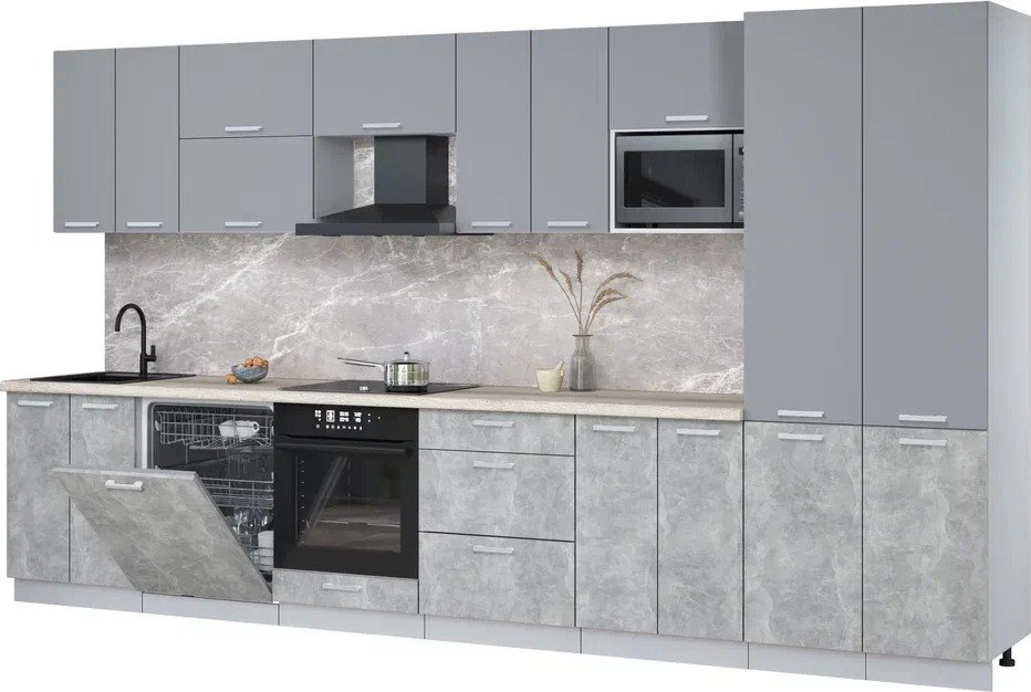 

Готовая кухня Интерлиния Мила Лайт 3.8-ПМ2 (серебро/бетон/травертин серый)