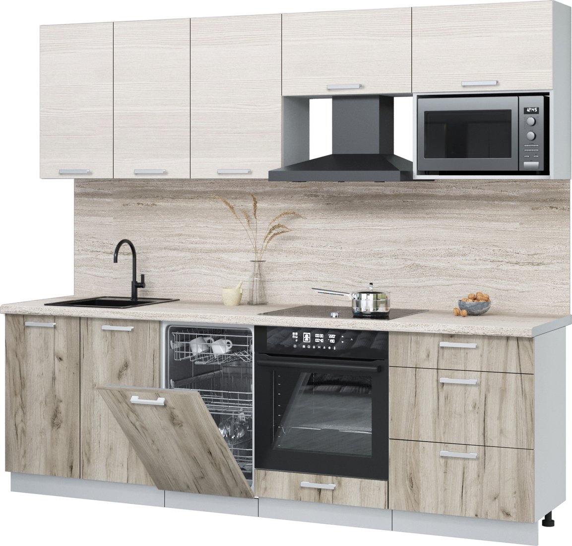 

Готовая кухня Интерлиния Мила Лайт 2.45-ПМ4 (вудлайн кремовый/дуб серый/травертин серый)