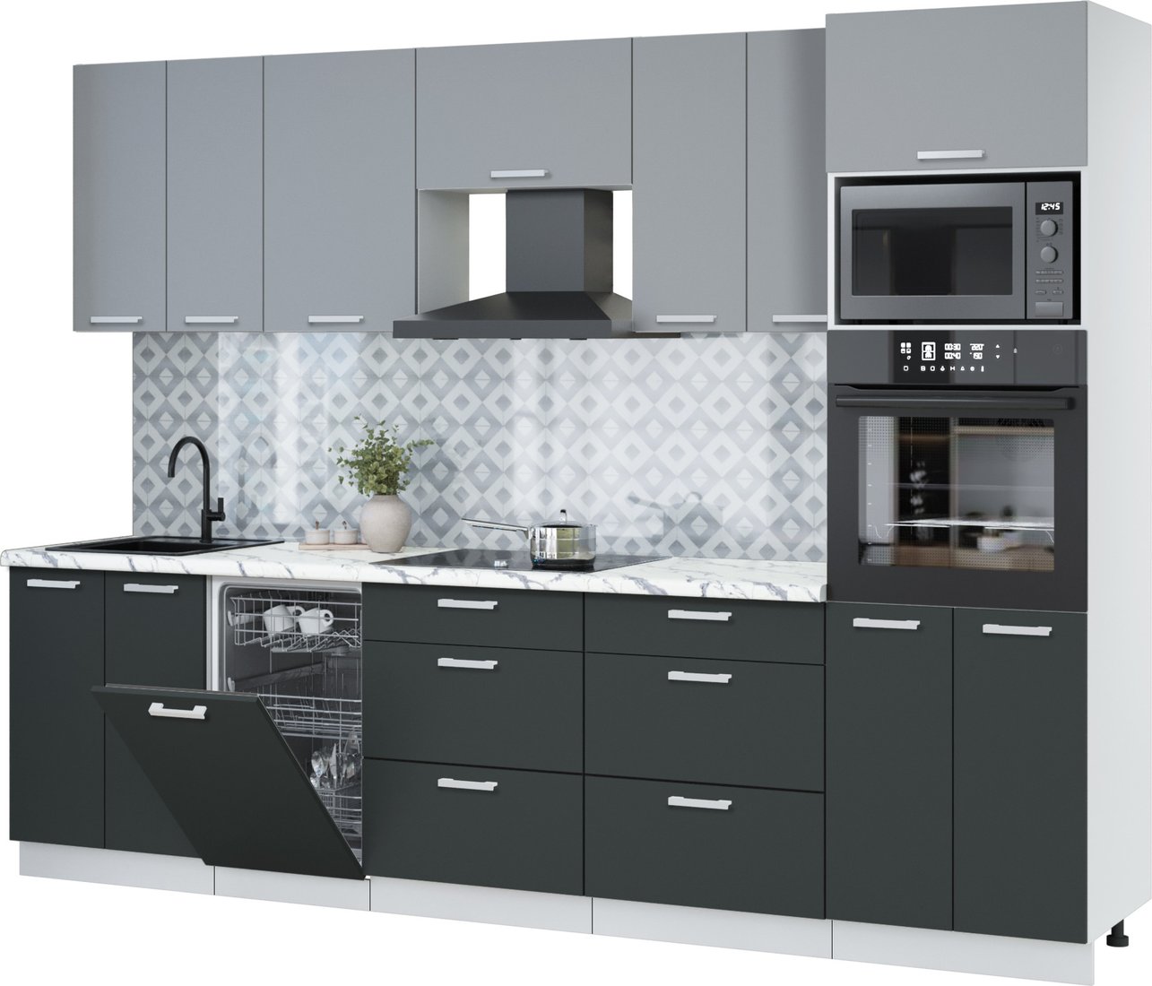 

Готовая кухня Интерлиния Мила Лайт 2.85-ПМ3 (серебро/антрацит/белый гранит)