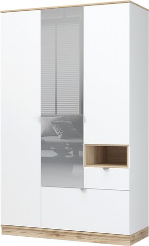 Шкаф распашной Стендмебель Юкки ШК 1Я 1350 3х створчатый с зеркалом (белый/дуб делано)