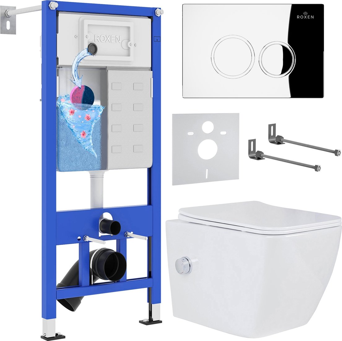 

Унитаз подвесной Roxen Cube Bidet One Rimless 6 в 1 StounFix Dual Fresh 521082 (кнопка: хром)