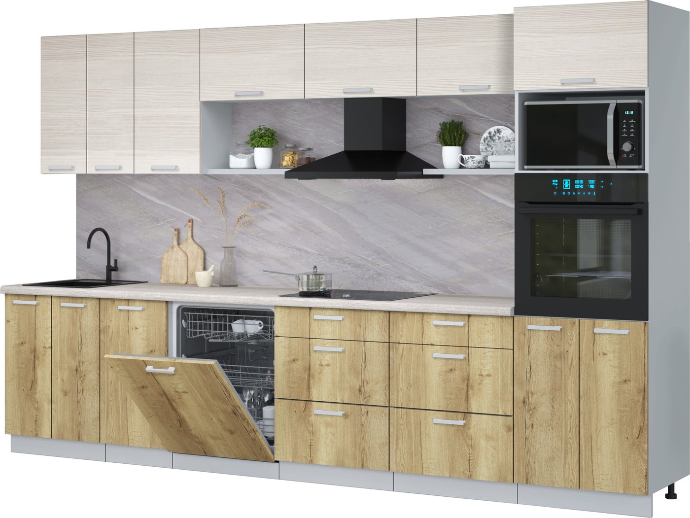 

Готовая кухня Интерлиния Мила Лайт 3.4-ПМ1-2 (вудлайн кремовый/дуб золотой/травертин серый)