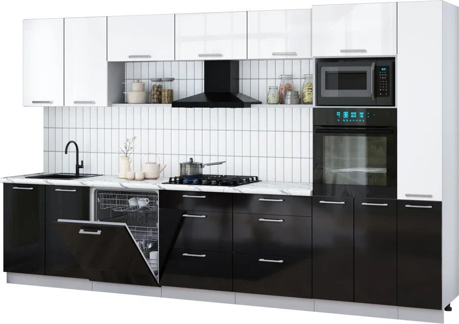 

Готовая кухня Интерлиния Мила Gloss 3.5-ПМ1 (черный глянец/белый глянец/белый гранит)